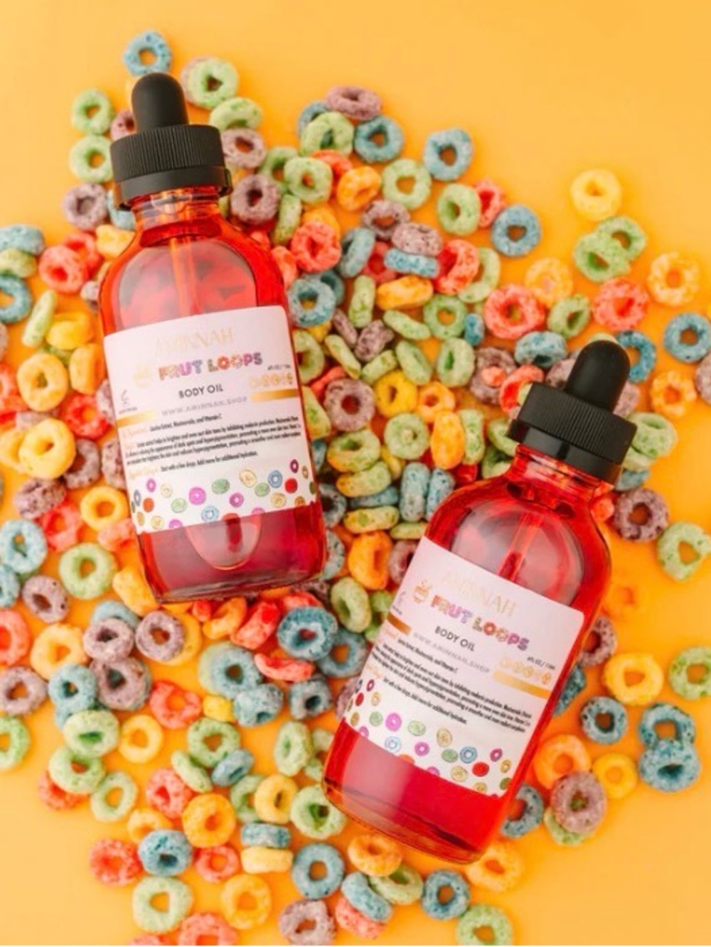 NEW!! Set of TWO Aminnah Fruit Loops Body Oil - 2 Glass Bottles $35 each retail
